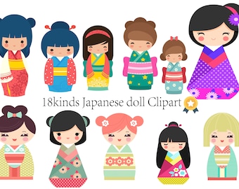 18Kokeshi Japanese Dolls Clipart, Japan Girl Clipart, Paper Lantern svg, girl Clipart - Digital Download | Sublimation | SVG, EPS, PNG