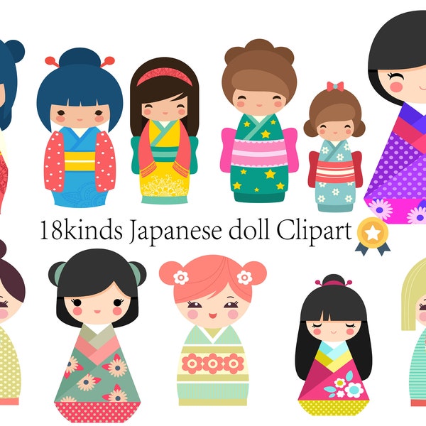 18Kokeshi Japanese Dolls Clipart, Japan Girl Clipart, Paper Lantern svg, girl Clipart - Digital Download | Sublimation | SVG, EPS, PNG