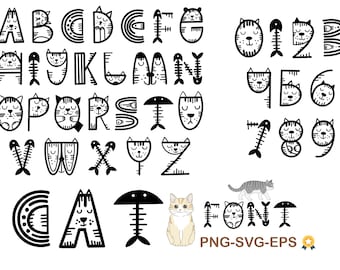 Clipart kat alfabet en cijfers: SVG-, PNG-, EPS-bestanden (digitale download)