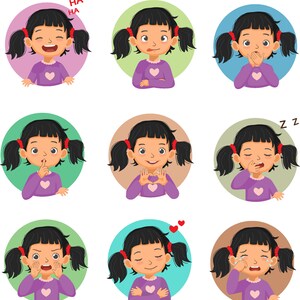 Peut inclure: Un ensemble de neuf illustrations de bande dessin&eacute;e d'une fille aux cheveux noirs et aux n&oelig;uds rouges dans les cheveux. Chaque illustration montre la fille avec une expression faciale diff&eacute;rente, y compris rire, sourire, faire la moue et pleurer.