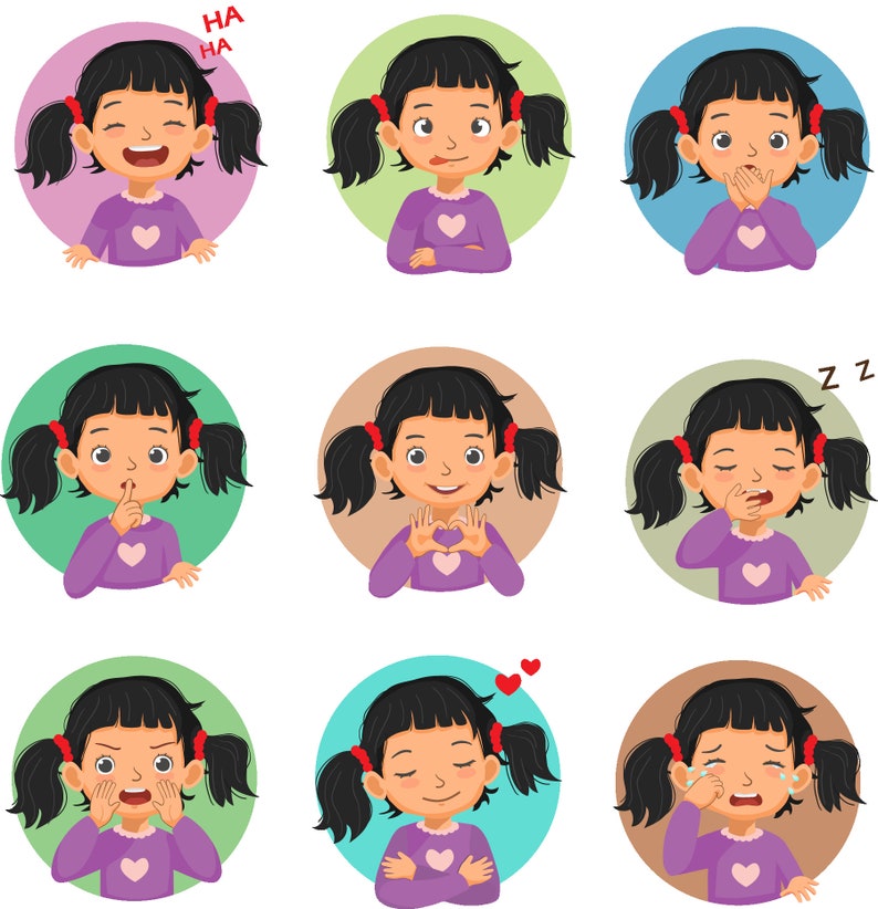 Peut inclure: Un ensemble de neuf illustrations de bande dessin&eacute;e d'une fille aux cheveux noirs et aux n&oelig;uds rouges dans les cheveux. Chaque illustration montre la fille avec une expression faciale diff&eacute;rente, y compris rire, sourire, faire la moue et pleurer.