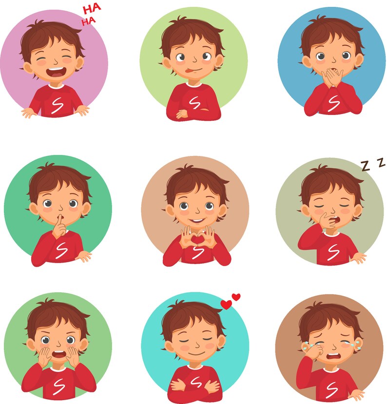 Peut inclure: Une illustration de dessin anim&eacute; d'un gar&ccedil;on aux cheveux bruns et &agrave; la chemise rouge montrant diff&eacute;rentes expressions faciales. Le gar&ccedil;on rit, sort sa langue, se couvre la bouche, se met un doigt sur les l&egrave;vres, fait un c&oelig;ur avec ses mains, b&acirc;ille, se couvre les oreilles et pleure.