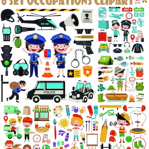 Puede incluir: Una colorida ilustración digital titulada "6 SET OCCUPATIONS CLIPART" que presenta diversas profesiones. Incluye policías, un piloto, un chef, un repartidor y un artista. La imagen contiene un helicóptero, coches de policía, pizza y materiales de arte.