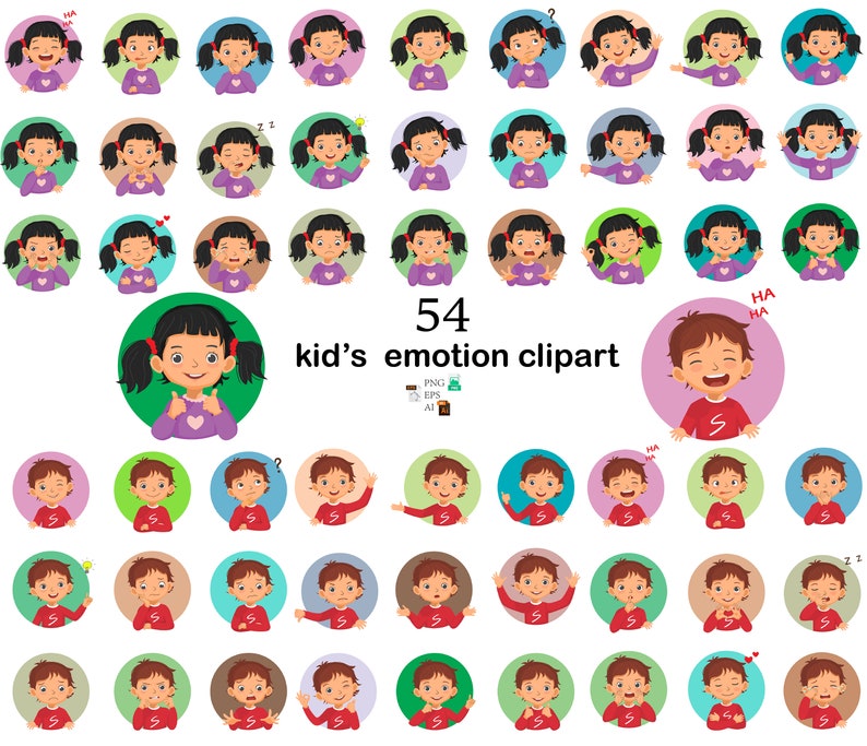 Peut inclure: Un ensemble de 54 illustrations de dessin anim&eacute; d'un enfant exprimant diff&eacute;rentes &eacute;motions. Les illustrations sont dans un cercle avec un fond color&eacute;. L'enfant porte une chemise violette et un pantalon rouge. Le texte "54 kid's emotion clipart" est &eacute;crit au centre de l'image.