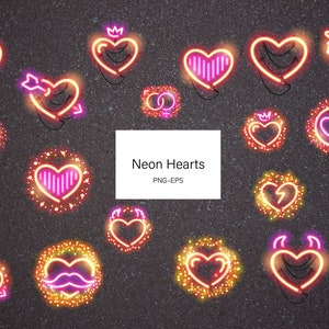 May include: Collection of neon heart designs in various styles, including a lightning bolt, an arrow, a crown, and a mustache. The hearts are outlined in orange and pink, with a glowing effect. The text "Neon Hearts" is displayed.