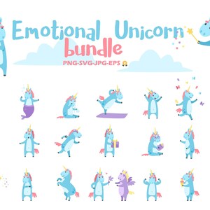 Libérez vos émotions avec ce lot de 20 cliparts de licorne bleue fantaisiste, 20 licorne émotionnelle
