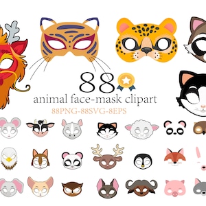 88animal face mask clipart Png-Svg. Ilustraciones de máscaras encantadoras, personajes cautivadores del zoológico, disfraces de animales juguetones, máscaras de fiesta encantadoras