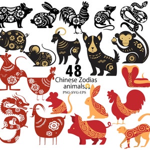 Extravagance des cliparts du zodiaque chinois : 4 ensembles, 12 animaux chacun – Libérez la magie-png-svg-eps