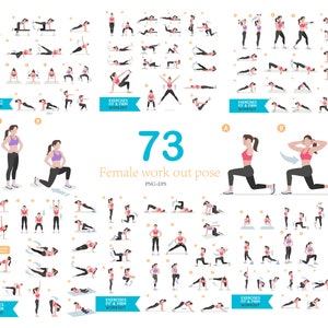 Puede incluir: Ilustración gráfica que muestra 73 poses de entrenamiento femenino. Las poses se representan en una serie de pequeñas ilustraciones, con mujeres en ropa deportiva demostrando varios ejercicios. También está presente el texto "Exercises Fit & Firm Workout".