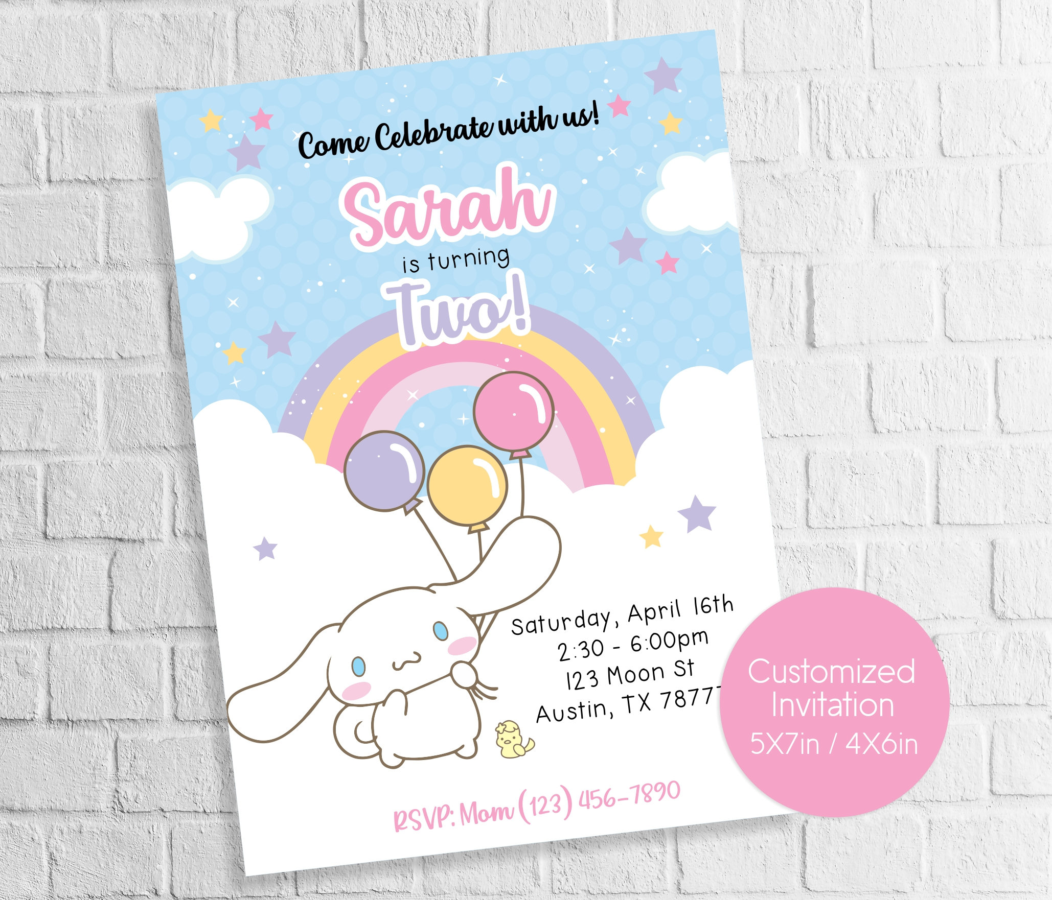 Kawaii Cinnamo-roll Birthday Party Cinnamo-roll Invitation Digital