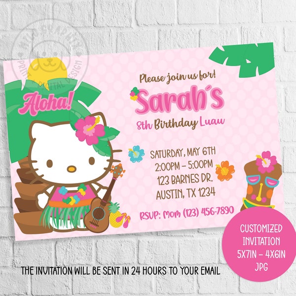 Kitty Luau Invitation,Luau Birthday Invitation, Luau Party Invitation, Hawaiian Luau Party,Digital file