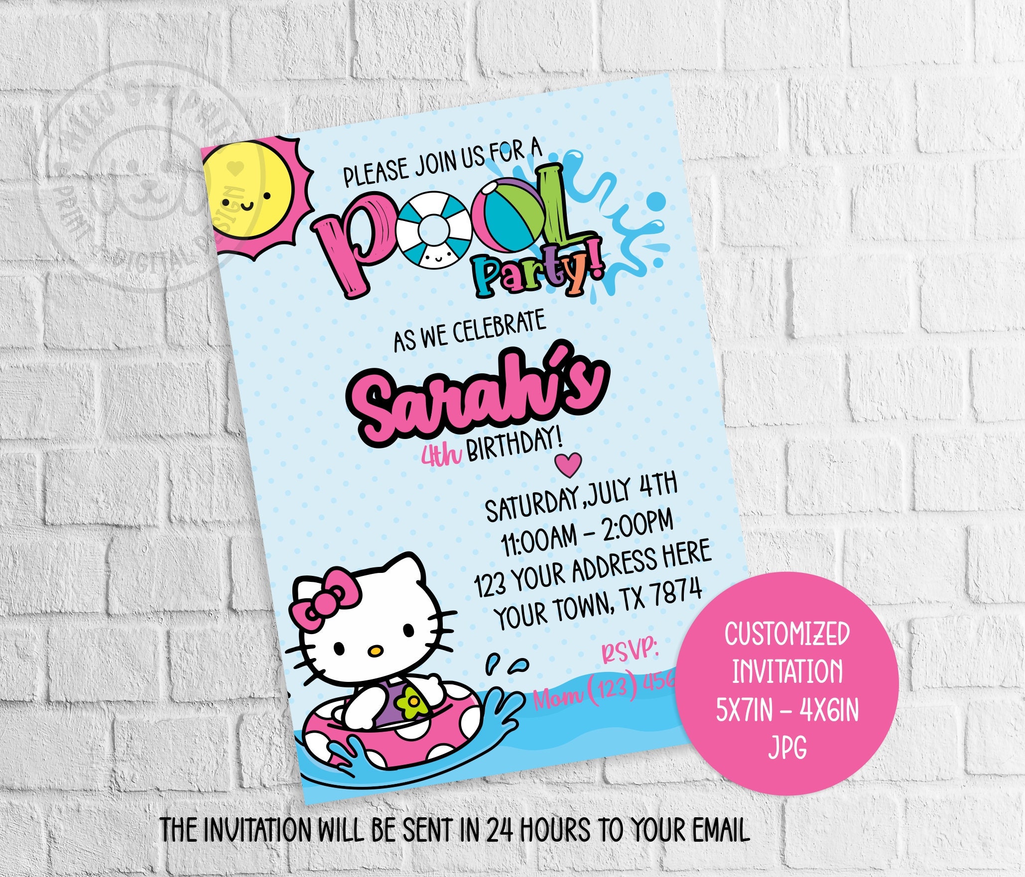 Kawaii Kitty Pool Party Invitation / Kitty Birthday Party Etsy
