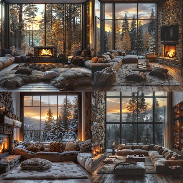 HD Wallpaper of Cozy living room with fireplace, sunset forest view, luxury vintage furnitures, warm & sweet home, quiet and lovely evening