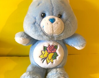 Extremely  rare vintage Grams Care Bear from the 80s, blue Care Bear, Rose Flower Care Bear, Plush Bear