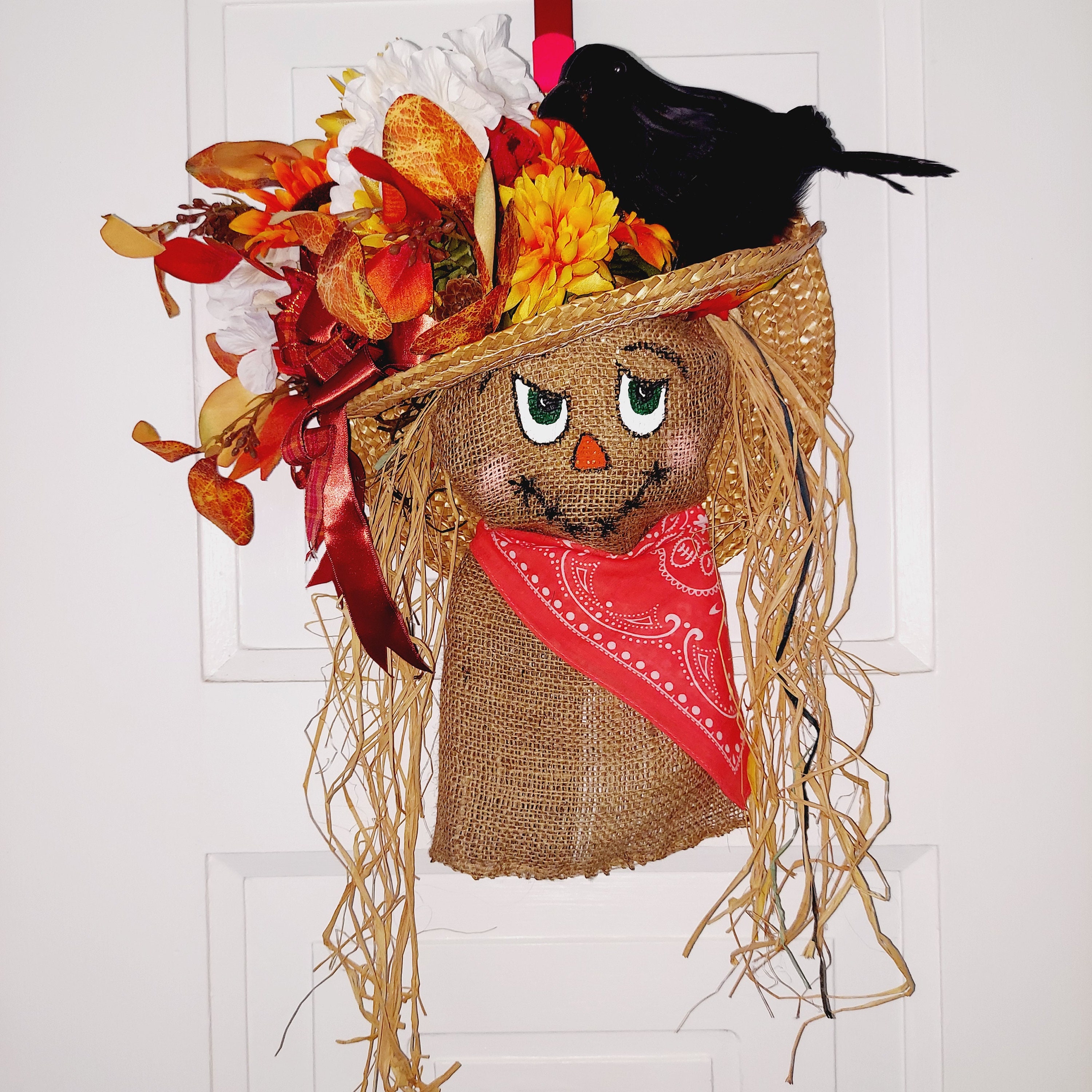 Rustic Scarecrow, Crow Hat Wreath, Autumn Door Decor, Fall Harvest ...