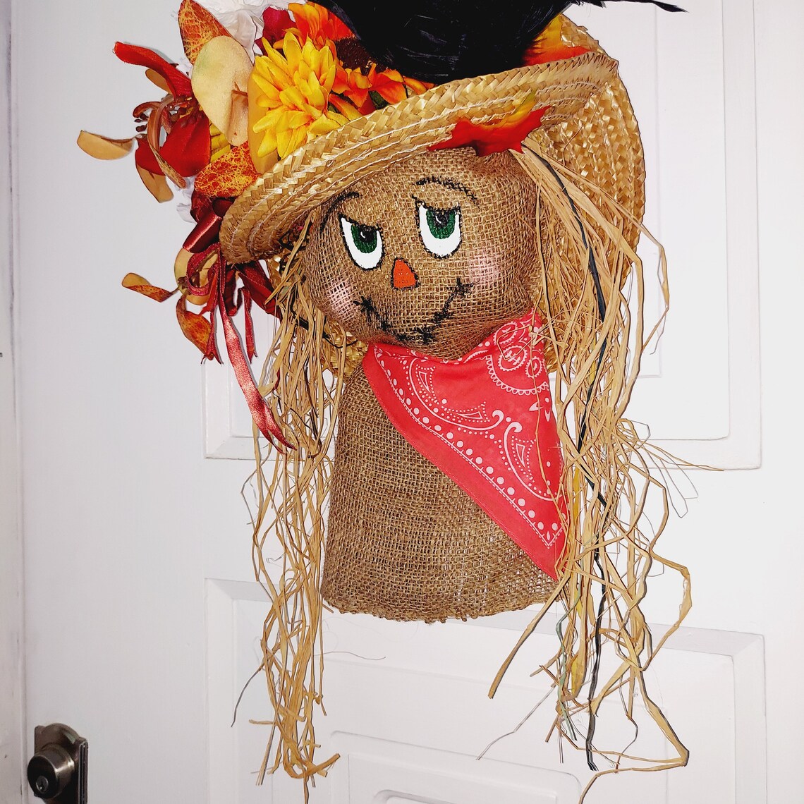 Rustic Scarecrow, Crow Hat Wreath, Autumn Door Decor, Fall Harvest ...