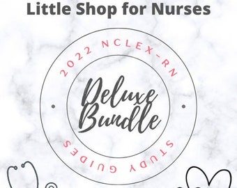 Peut inclure: Un fond en marbre blanc avec un cercle noir contenant le texte "2022 NCLEX-RN Study Guides Deluxe Bundle". Il y a un stéthoscope et deux cœurs noirs sur le fond.