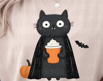 Cat Dracula Pumpkin Spiced Latte, PNG File Black Cat and Coffee Bat, Halloween Clipart, Funny Sublimation Design T Shirts Digital Download