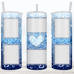 May include: Three blue and white ombre stainless steel tumblers with a glitter heart design and photo frames.