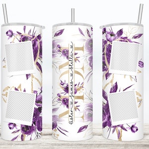 MOM Lavender Purple Floral Gold 4 Picture Design Wrap Add Kids Names Tumbler PNG 2 FILES Personalize Sublimation Seamless Polaroid Photo