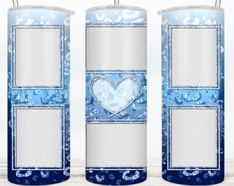 6 Picture Collage Blue Gradient Glitter Animal Print Tumbler Template Heart Family Photo Design Wrap 20oz Skinny Tumbler Seamless Commercial