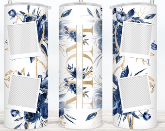 MOM Navy Blue Floral Gold 4 Picture Design Wrap Add Kids Names Tumbler PNG 2 FILES Personalize Sublimation Seamless Polaroid Photo Slots