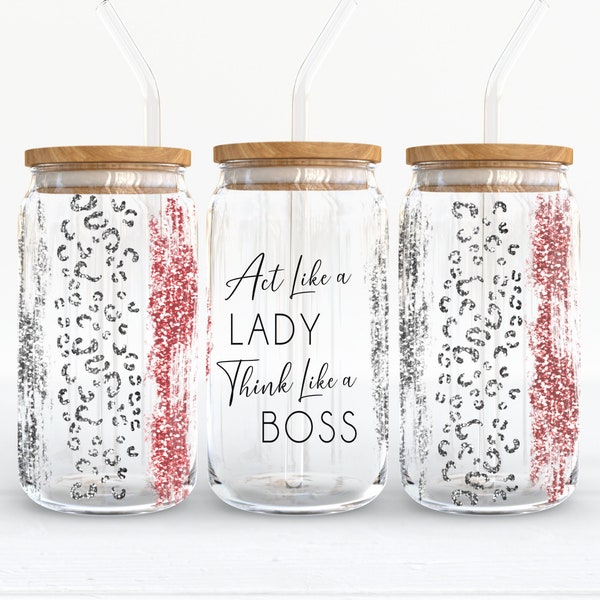 Действуйте как леди 16 унций Libbey Glass Can Wrap Tumbler Sublimation Think Like a Boss Cheetah Pink Glitter Скачать png Коммерческое использование