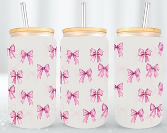 Pink Bows 16 oz Libbey Glass Can Wrap, Clear Beer Can Tumbler Sublimation Design Download png, Couquette Trendy, Commercial Use