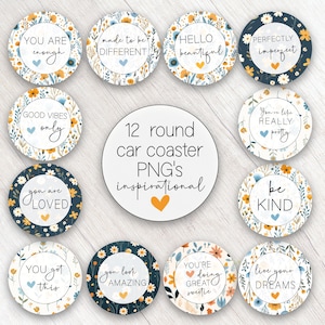 Car Coaster PNG Bundle, Boho Yellow Blue Round Coasters Digital File Inspirational Quotes You are Enough Sublimation Graphics Commercial Use