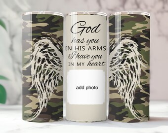 Memorial Tumbler CAMO Angel Wings Seamless Skinny Tumbler Sublimation Wrap Personalize Add Photo Text 20oz and 30 oz Straight Tumbler PNG