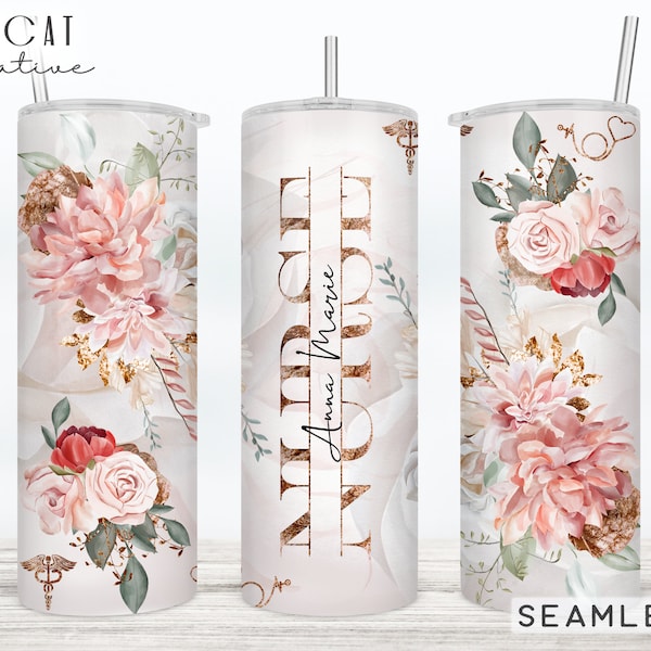 Nurse Tumbler Wrap Add Name Split Text 20 Skinny Tumbler Floral Design Sublimation Rose Gold Green Nurse Gift Seamless, Commercial 2 FILES