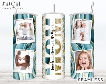 MOM Photo Collage Teal Gold Add Kids Names Design Wrap Skinny Tumbler Geod Glitter 30 oz & 20 oz PNG 2 FILES Sublimation design Aqua