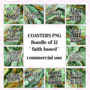 Puede incluir: Un conjunto de 12 posavasos verdes y dorados con citas inspiradoras. Los posavasos presentan un diseño de mármol con detalles dorados. Las citas incluyen "Be Still and Know", "Prayer Warrior", "Pray More Worry Less", "Made to Worship", "Created with a Purpose", "She is Strong", "Not Today Satan", "He Has a Plan and I Have a Purpose", "Serve One Another in Love", "Chosen Blessed Forgiven Redeemed", y "In This House We Love Jesus".