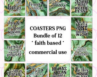 Square Coasters Bundle Faith Based, 12 PNG Sage Green Gold Agate, Inspirational 4X4 Digital File,  Sublimation Graphics Commercial Use POD
