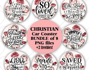 Christian Car Coasters Bundle 10 Coquette Pink Roses Scriptures Religious Round Digital File, Sublimation Designs Graphics Commercial
