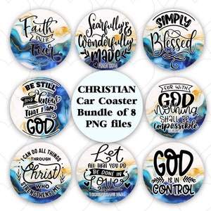 May include: Set of eight round car coasters with blue and gold marble designs and inspirational Christian quotes. The quotes include "Faith over Fear", "Searfully and Wonderfully Made", "Simply Blessed", "Be Still and Know That I Am God", "For With God Nothing Shall Be Impossible", "I Can Do All Things Through Christ Who Strengthens Me", "Let All That You Do Be Done In Love", and "God Is In Control".