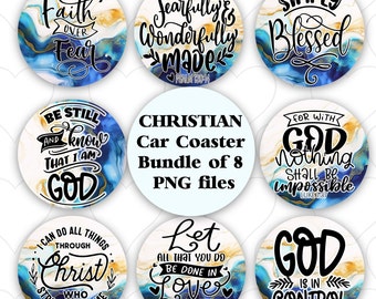 Christian Car Coasters 8 PNG Bundle,  Blue Gold Agate, Inspirational Religious Round Digital File,  Sublimation Graphics Commercial + 2 FREE