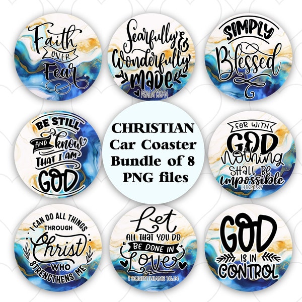 Christian Car Coasters 8 PNG Bundle,  Blue Gold Agate, Inspirational Religious Round Digital File,  Sublimation Graphics Commercial + 2 FREE