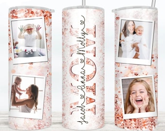 MOM Picture Tumbler Wrap Pink Marble Glitter Add Kids Names 20 oz Skinny Tumbler Design Wrap Add 4 photos and Text Mom Photo Tumbler