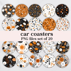 Puede incluir: Un conjunto de 20 posavasos para coche con diseños florales en naranja, negro, blanco y gris. Los posavasos presentan varios patrones de flores y hojas, con el texto "car coasters PNG files set of 20" en el centro.