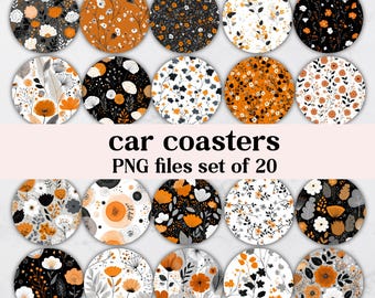 Car Coasters Bundle 20 Orange Black Floral PNG , Sublimation Fall Designs Digital Files, Set of Round Flowers Template Instant Download
