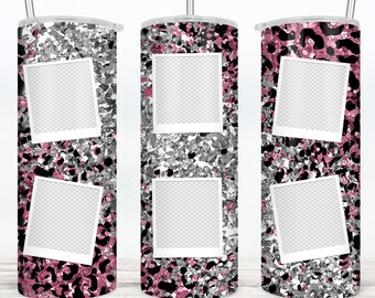Picture Tumbler Leopard Print Pink Black Glitter Design Wrap 20 oz Skinny Tumbler Photo Collage  Sublimation png 2 FILES  30 oz