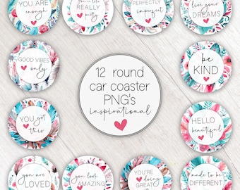 Car Coaster PNG Bundle Round Coasters Digital File, Inspirational Quotes, Southwest Boho, Be Kind,  Sublimation Graphics, POD Commercial Use