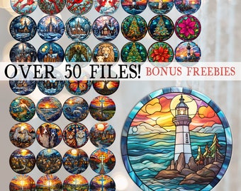 Stained Glass Christmas Ornaments Round PNG Bundle 50 + Religious, Sea Life, Cardinals Design Ornament Set Sublimation, POD Commercial Use