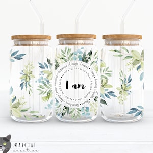 Libbey Glass Can Wrap Inspirational I AM Bible Verses Tumbler Sublimation Christian Design 16 oz Template Scriptures
