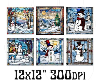 Snowman Stained Glass Christmas Clipart Coasters Square PNG Bundle 6 Large 12x12" Set Sublimation, POD Commercial Use,  mugs, tumbler wraps
