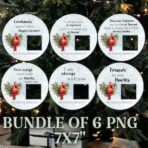 Memorial Ornament PNG, Cardinal Bird, Photo Template Christmas Ornament Sublimation, 6 Sympathy Quotes, POD Commercial Use, Add Picture