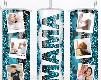 MAMA Photo Tumbler Design, Glitter Animal Print Camo, 20 oz Skinny PNG Sublimation Design PNG file Photo Frame Tumbler Design Mom aqua