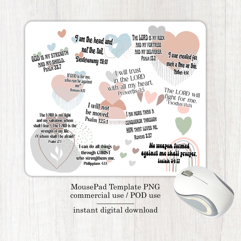 May include: A mousepad with a pink, gray, and green color scheme featuring inspirational bible verses in a heart shape. The text includes verses such as "God is my strength and my shield" and "No weapon formed against me shall prosper".