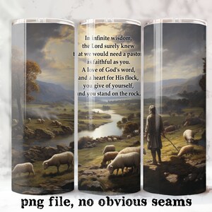 May include: A watercolor painting of a shepherd with a flock of sheep in a green field. The shepherd is standing on a rocky path, and the sheep are grazing in the field. The painting is set against a backdrop of a blue sky and white clouds. The text in the image reads: "In infinite wisdom, the Lord surely knew that we would need a pastor as faithful as you. A love of God's word, and a heart for His flock, you give of yourself, and you stand on the rock."